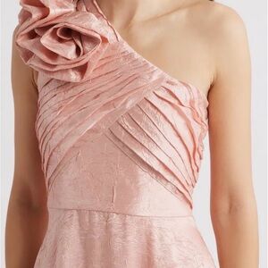 Tahari ASL One-Shoulder Rosette Pleated Pink Dress